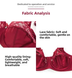 Detail of red lace bra featuring heart pendant and breathable skin-friendly fabric