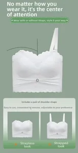 Detail of white lace bandeau bra showing detachable straps and rhinestone buckle