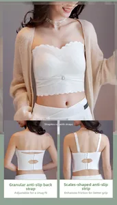 Detail view of white lace strapless bra featuring non-slip silicone strips and adjustable straps