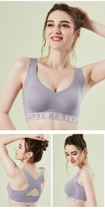 Detailed views of seamless lavender sports bra with racerback design and elastic band