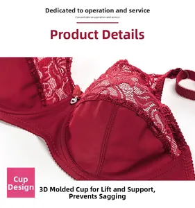 Close-up of wine red lace bra featuring 3D molded cups and heart pendant detail