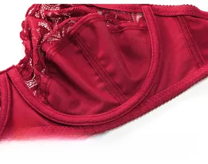 Macro shot of breathable red lace bra inner cups with supportive underwire and scalloped edges