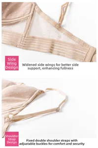 Dettaglio reggiseno in pizzo beige con rete traspirante e ali laterali larghe