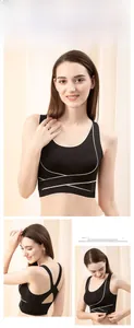 Front closure sports bra with white contrast piping and crisscross back support