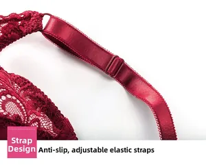 Adjustable non-slip lace shoulder strap detail on burgundy plus size bra