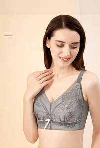 Close-up of grey floral lace on non-wired full cup bra for fuller busts with bow detail