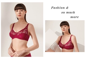 Close-up detail of burgundy floral lace on a full cup wired bra for a supportive fit