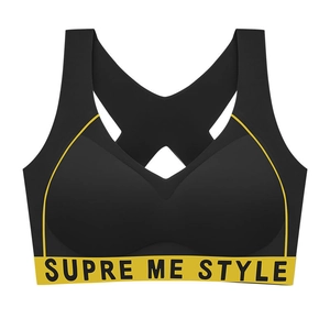 High-support black sports bra with yellow elastic band and breathable workout fabric
