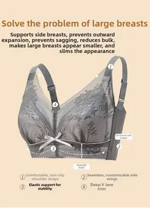 Detail of dark grey lace bra showing wide wings and non-slip adjustable straps