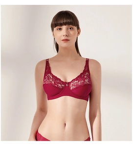 Detail of red lace bra with silver heart pendant and elegant embroidery textures