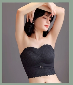 Close-up of black floral lace tube top bra with elegant silver rhinestone buckle detail