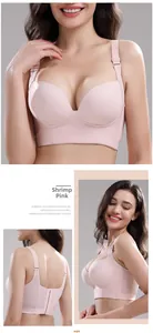Detailed views of pale pink wireless bra with wide side wings and four-row back closure