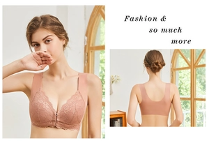 Close-up of seamless nude pink lace bra with front buckle and wide shoulder straps