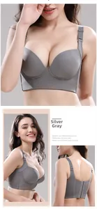 Detailed back and side view of silver grey wire-free bra with wide four-row hook closure