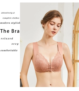 Close-up of peach pink lace bra featuring delicate floral patterns and seamless wide straps
