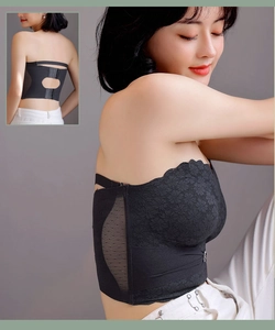 Detail of black lace strapless bra with multi-row back hooks and breathable mesh fabric