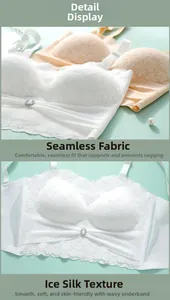 Close-up of seamless lace bandeau bras with floral patterns and pearl decorations
