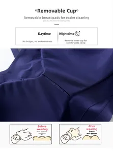 Detail of blue seamless bra featuring removable padding cups and breathable fabric inserts