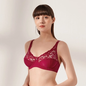Elegant wine red full cup lace bra with floral patterns and silver heart pendant detail