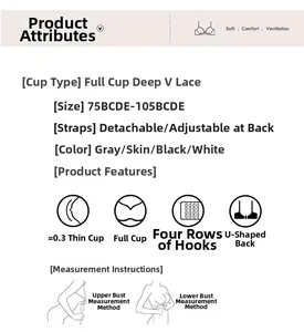 Detailed chart of full cup lace bra featuring size range, thin cups and U-shaped back