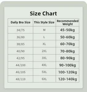 Detailed size guide table for strapless non-slip push up bra ranging from M to 6XL