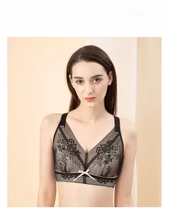 Detail of black floral lace bra featuring a deep V-cut and wide comfort shoulder straps