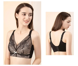 Close-up of black floral lace bra featuring a delicate center bow and wide shoulder straps
