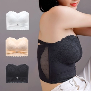 Women Lace Strapless Bra Anti-Slip Bandeau Tube Top Wireless Gathered Plus Size Rhinestone Seamless Padded Lingerie Bra