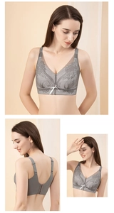 Detail of grey lace minimizer bra showing full coverage cups and wide side wings for support