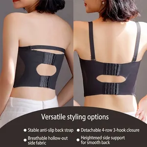 Black strapless push-up bra with multi-way non-slip straps and four-row back hook closure