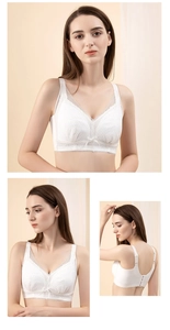 Detailed views of white lace plus size bra showing front, side and back fit on model