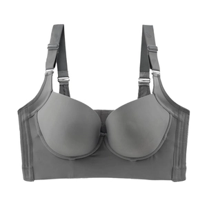 Dark grey wire-free plus size bra with wide side wings and seamless floral straps
