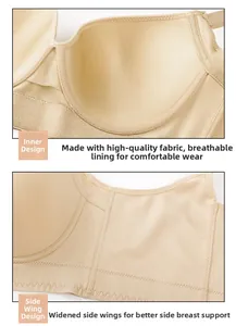 Detailed macro view of breathable mesh cups and wide side wings for supportive nude bra