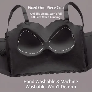 Strapless non-slip dark grey bandeau bra with fixed cups and lace detailing