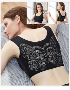 Detailed back view of seamless bra featuring elegant black lace butterfly cutout pattern