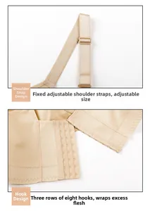 Detail of adjustable straps and three-row eight-buckle back closure on seamless bra