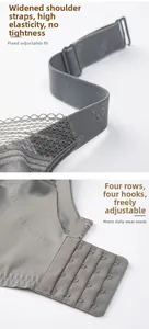 Detail of wide shoulder straps and four-row back closure on grey full cup bra