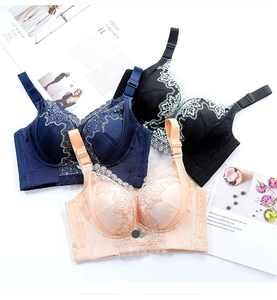 Detailed close-up of three lace embroidered wireless bras in blue, black and pink colors