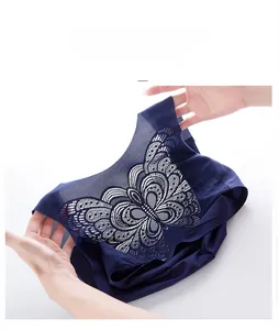 Detail of blue lace bra showing wide shoulder straps and breathable mesh fabric