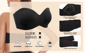 Detail view of black strapless bandeau bra showing back hook closure and support structure