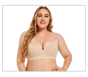 Close-up of seamless skin-tone plus-size bra with wide straps on a professional model