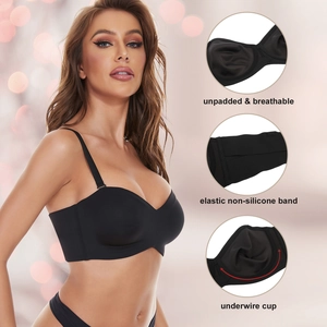 Detail of black strapless bra featuring underwire cups and breathable unpadded lining