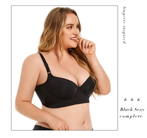 Detail view of black plus size seamless bra with wide band for support and comfort