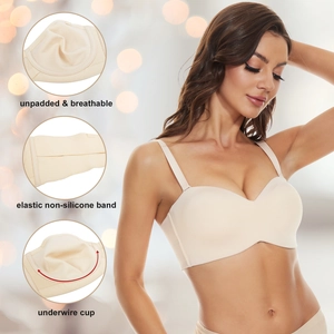 Detail view of unpadded breathable underwire bra with elastic non-silicone band
