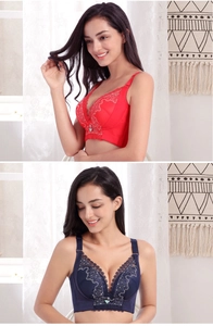 Detail view of plus size lace embroidery bras in red and navy with wide side straps