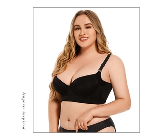 Detail of black seamless plus size bra showing adjustable straps and smooth fabric
