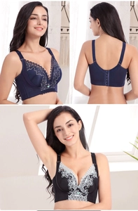 Detail of plus size lace bra featuring six-row hooks and wide side wings for support