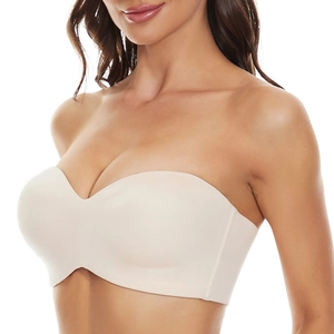 Seamless strapless beige bandeau bra for women with smooth fabric and supportive fit