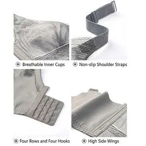 Grey lace full cup bra with breathable padding and adjustable non-slip wide straps