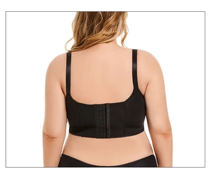 Detailed back view of black plus size bra showing wide straps and four-row hook closure